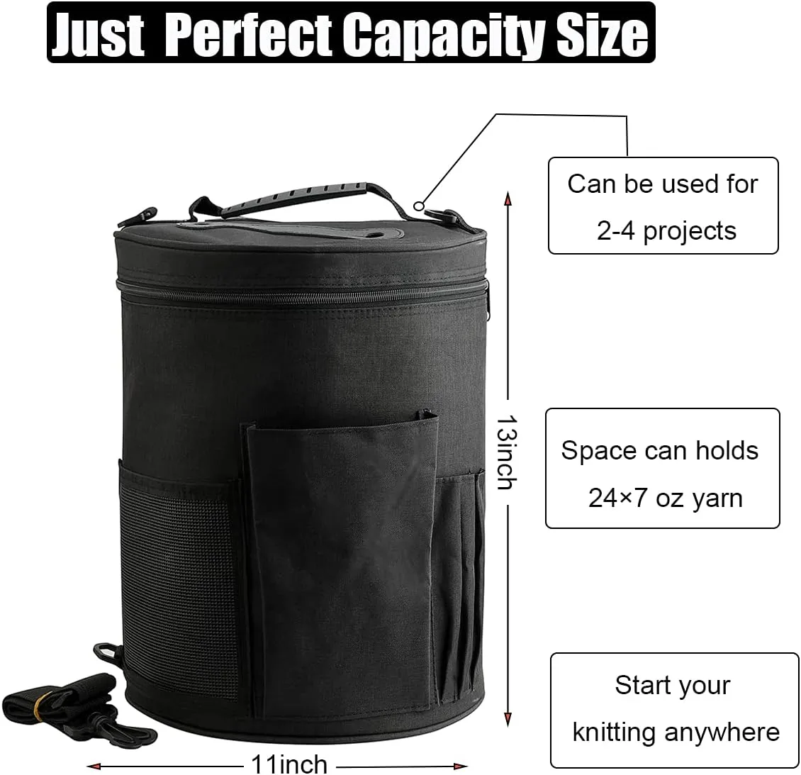 Weabetfu Large Capacity Portable Yarn Organizer Knitting Tote Storage Bag with Shoulder Strap Yarn Bags Have Pocket for Crochet Hooks,Knitting Needles & Accessories,Prevent Yarn Tangle(Black)