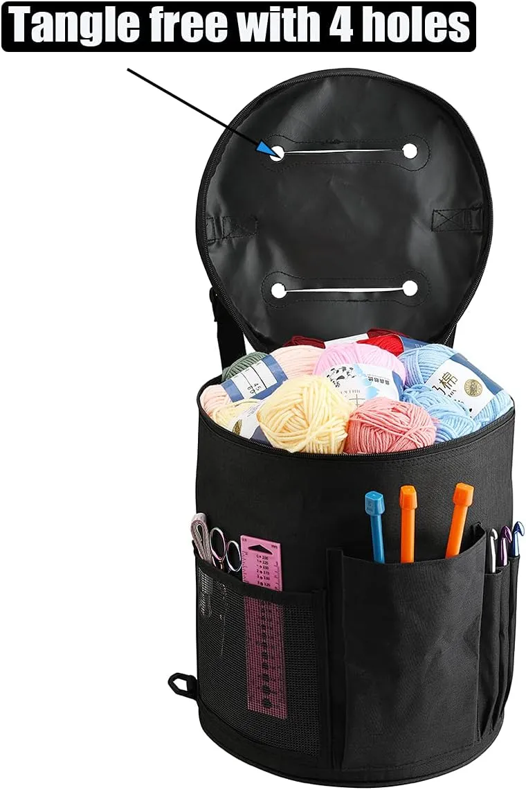 Weabetfu Large Capacity Portable Yarn Organizer Knitting Tote Storage Bag with Shoulder Strap Yarn Bags Have Pocket for Crochet Hooks,Knitting Needles & Accessories,Prevent Yarn Tangle(Black)