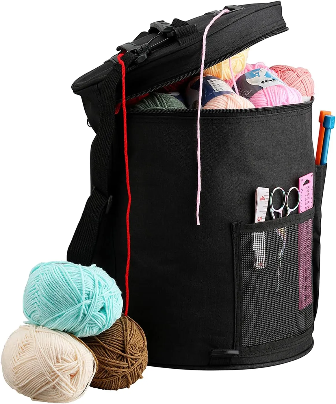 Weabetfu Large Capacity Portable Yarn Organizer Knitting Tote Storage Bag with Shoulder Strap Yarn Bags Have Pocket for Crochet Hooks,Knitting Needles & Accessories,Prevent Yarn Tangle(Black)