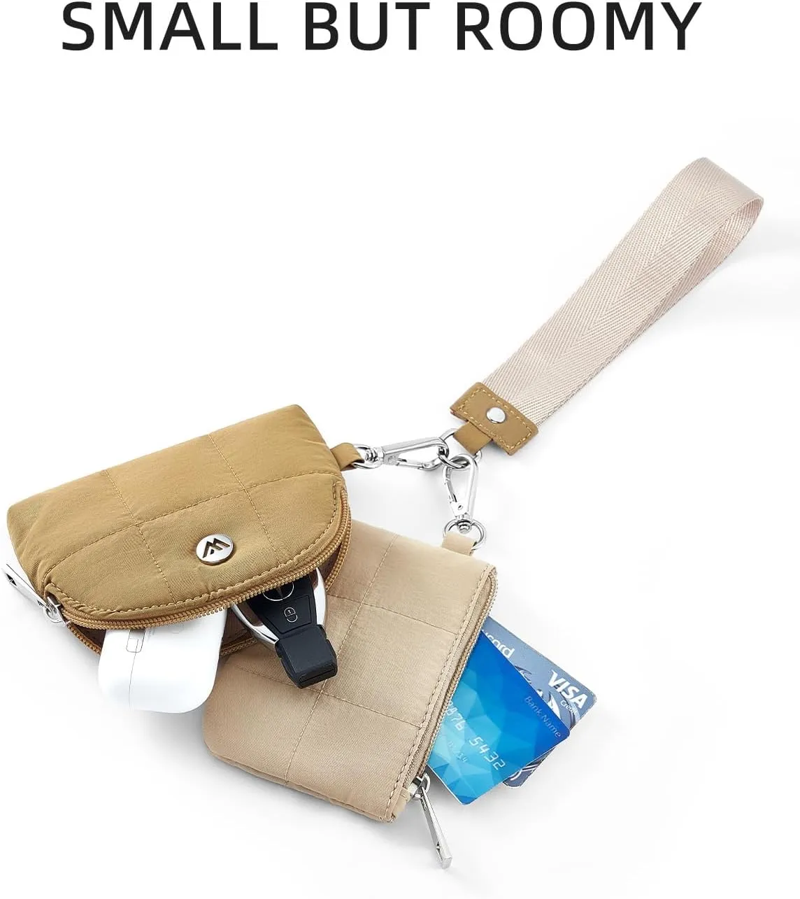 WESTBRONCO Mini Keychain Wristlet Wallets for Women Portable Dual Pouch Wristlet Detachable Quilted Nylon Coin Purse Pocket for Travel Sports Outdoors