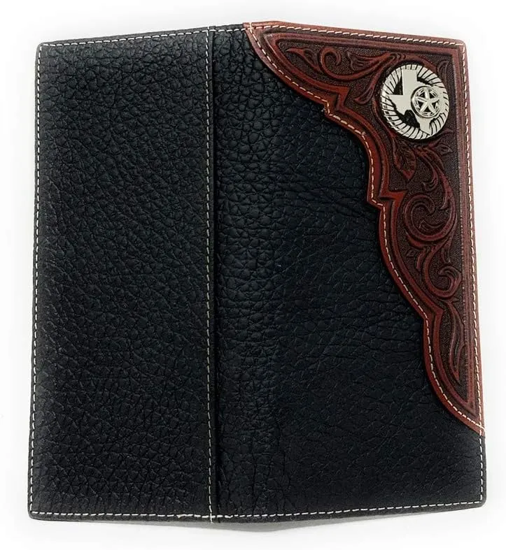 Western Premium Genuine Leather Tooled Men's Long Bifold Wallet premium cowboy wallets in 2 colors (Black Texas state map)