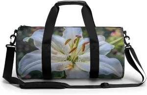 White Lily Blooming Flowers Gym Bag Cylindrical Sports Bag Travel Duffel Bag with Shoulder Strap