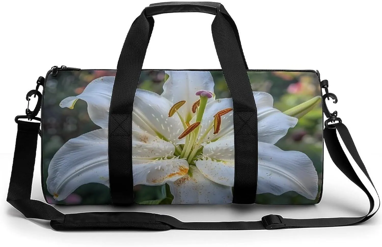 White Lily Blooming Flowers Gym Bag Cylindrical Sports Bag Travel Duffel Bag with Shoulder Strap