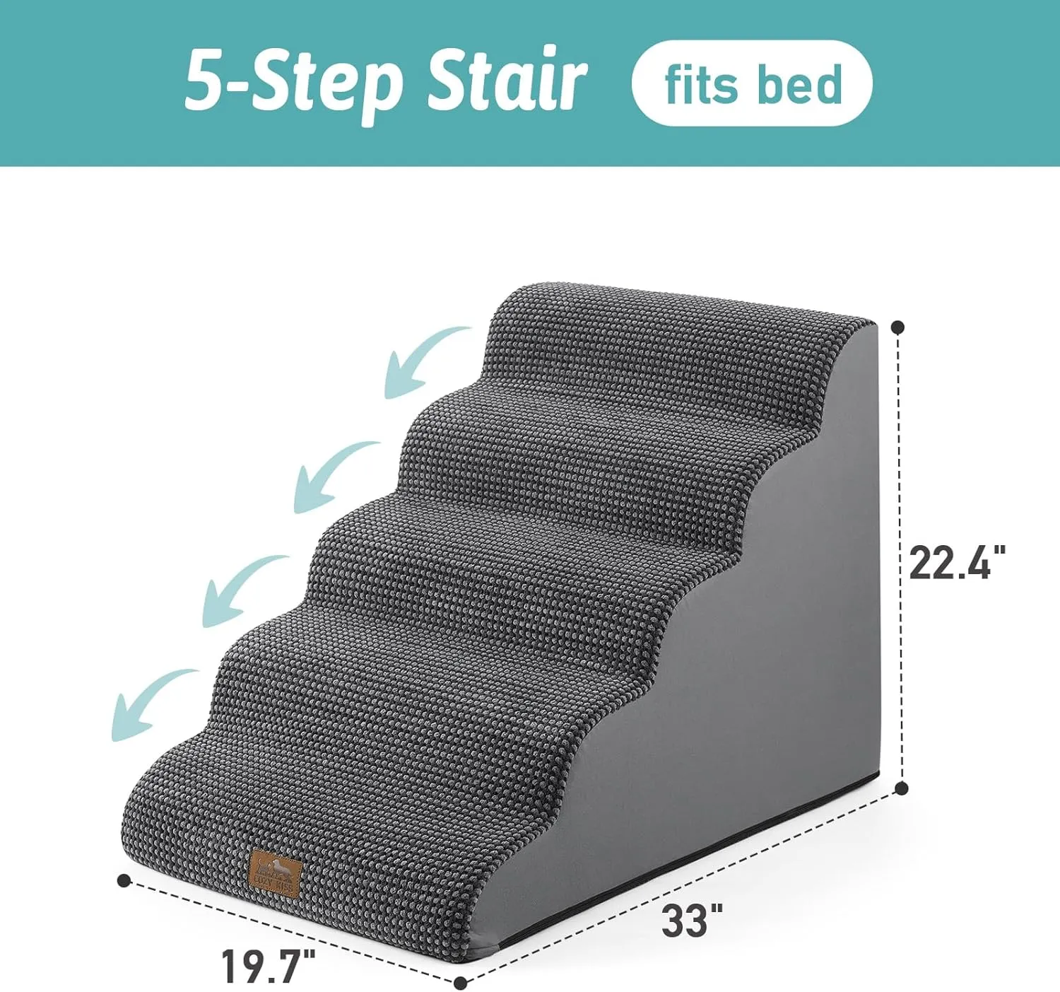 Wide Dog Stairs for Large Dogs 19.7" Width, Dog Step for Small Dog, Puppy or Cat, Medium Pet Ramp for High Bed or Car, High Density Foam Ladder, 19.7x33x22.4 in, Stable, 5 Step, Dark Grey
