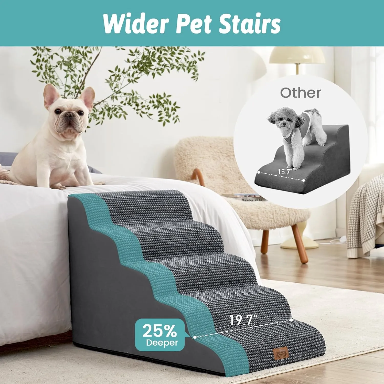 Wide Dog Stairs for Large Dogs 19.7" Width, Dog Step for Small Dog, Puppy or Cat, Medium Pet Ramp for High Bed or Car, High Density Foam Ladder, 19.7x33x22.4 in, Stable, 5 Step, Dark Grey