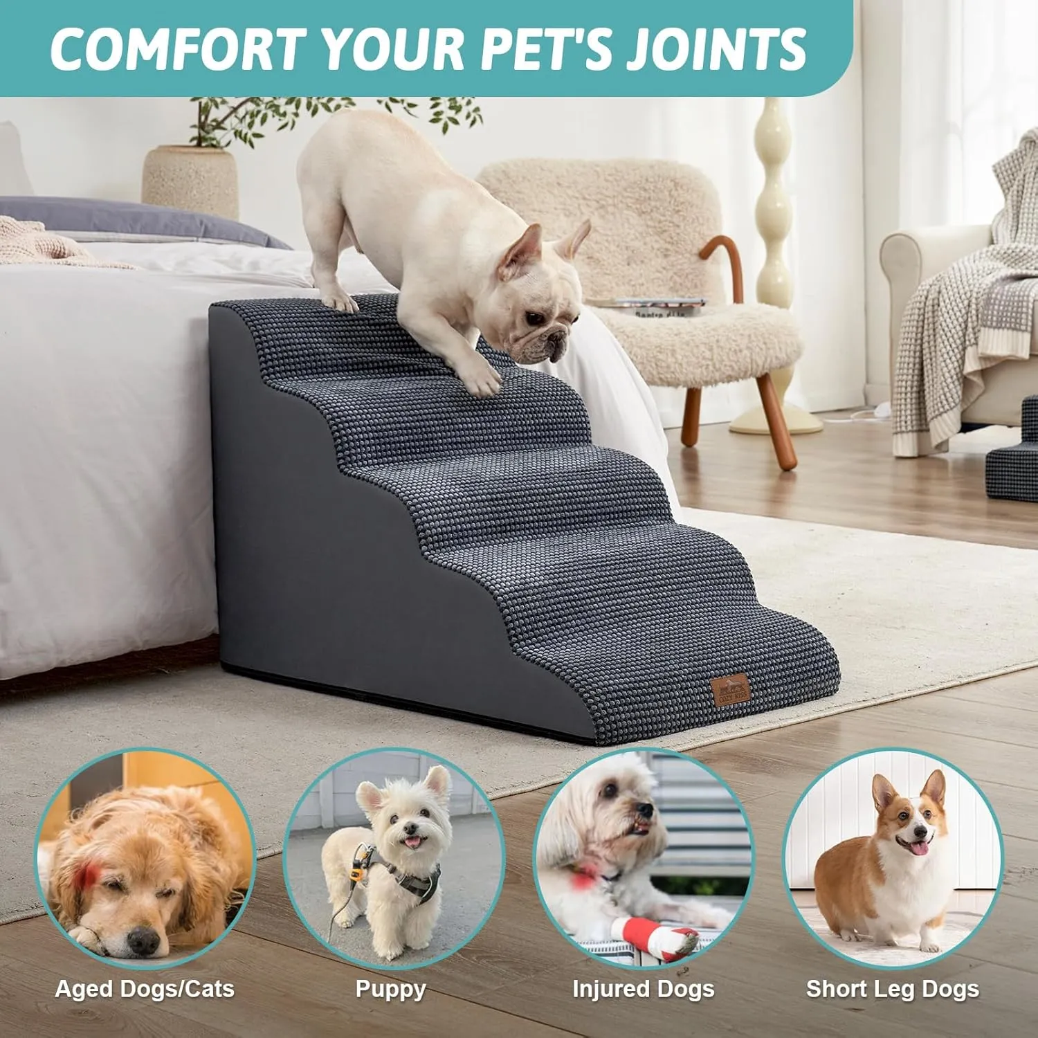 Wide Dog Stairs for Large Dogs 19.7" Width, Dog Step for Small Dog, Puppy or Cat, Medium Pet Ramp for High Bed or Car, High Density Foam Ladder, 19.7x33x22.4 in, Stable, 5 Step, Dark Grey