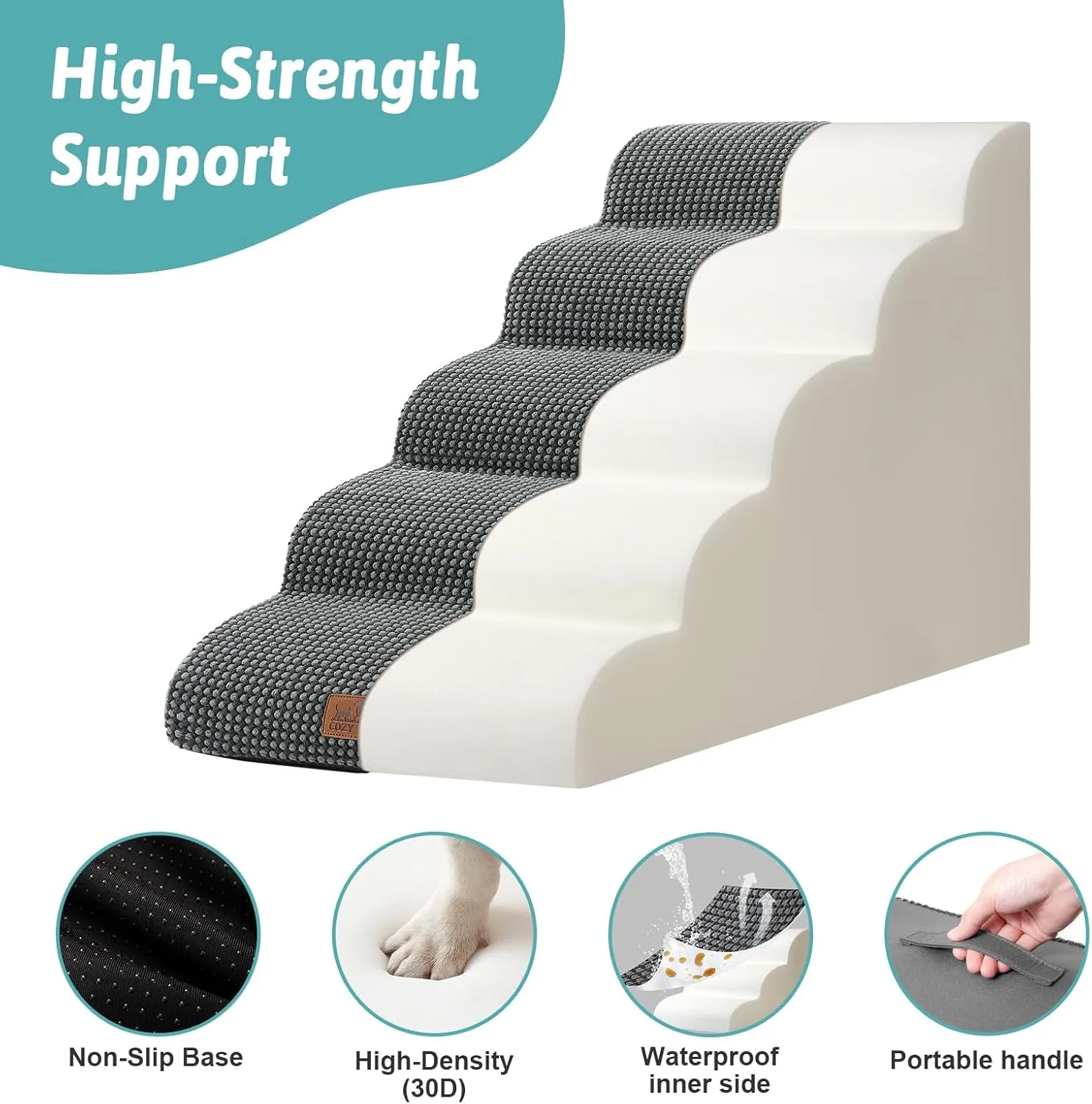 Wide Dog Stairs for Large Dogs 19.7" Width, Dog Step for Small Dog, Puppy or Cat, Medium Pet Ramp for High Bed or Car, High Density Foam Ladder, 19.7x33x22.4 in, Stable, 5 Step, Dark Grey