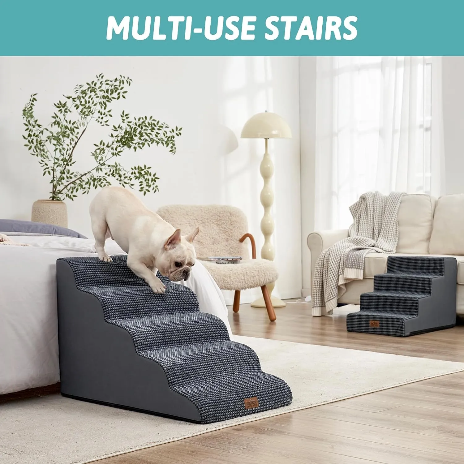 Wide Dog Stairs for Large Dogs 19.7" Width, Dog Step for Small Dog, Puppy or Cat, Medium Pet Ramp for High Bed or Car, High Density Foam Ladder, 19.7x33x22.4 in, Stable, 5 Step, Dark Grey
