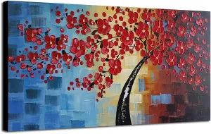 Wieco Art Dazzling Beauty Modern Large Stretched and Framed 100% Hand Painted Red Flowers Artwork Abstract Floral Oil Paintings on Canvas Wall Art for Living Room Bedroom Home Decorations 24x48