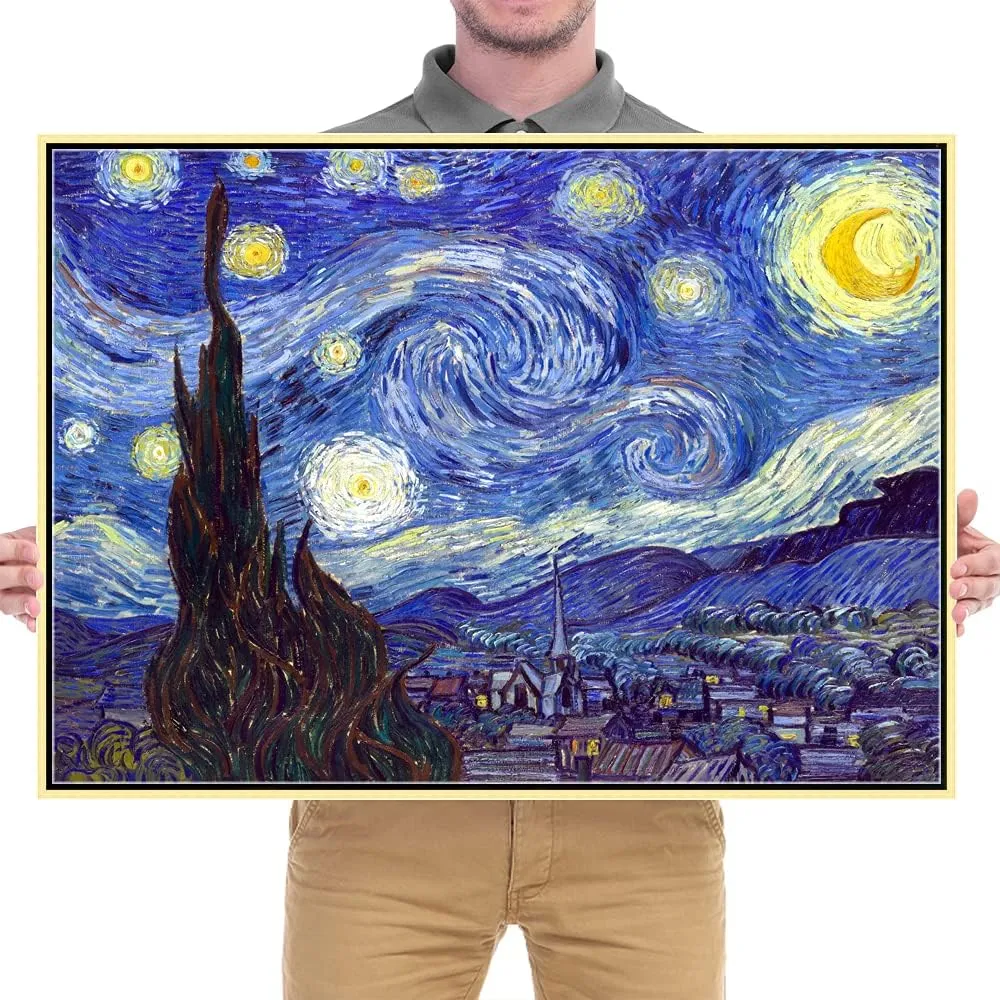 Wieco Art Framed Art Giclee Canvas Prints of Starry Night by Vincent Van Gogh Paintings Reproduction Post-Impressionism Artwork Framed Wall Art for Living Room Home Decorations