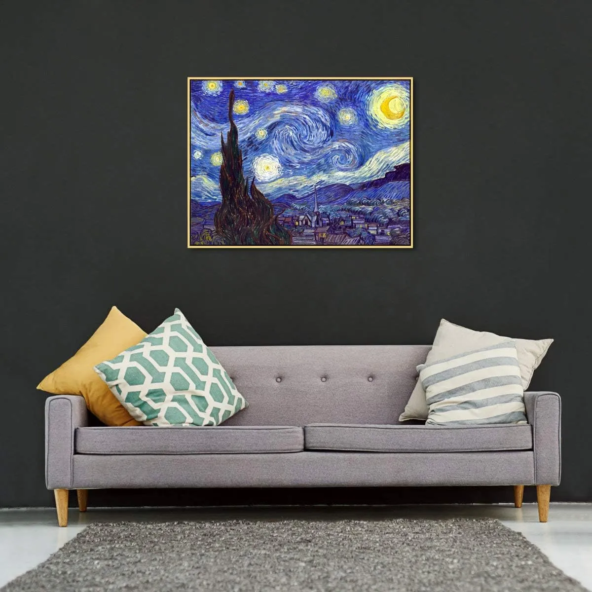 Wieco Art Framed Art Giclee Canvas Prints of Starry Night by Vincent Van Gogh Paintings Reproduction Post-Impressionism Artwork Framed Wall Art for Living Room Home Decorations