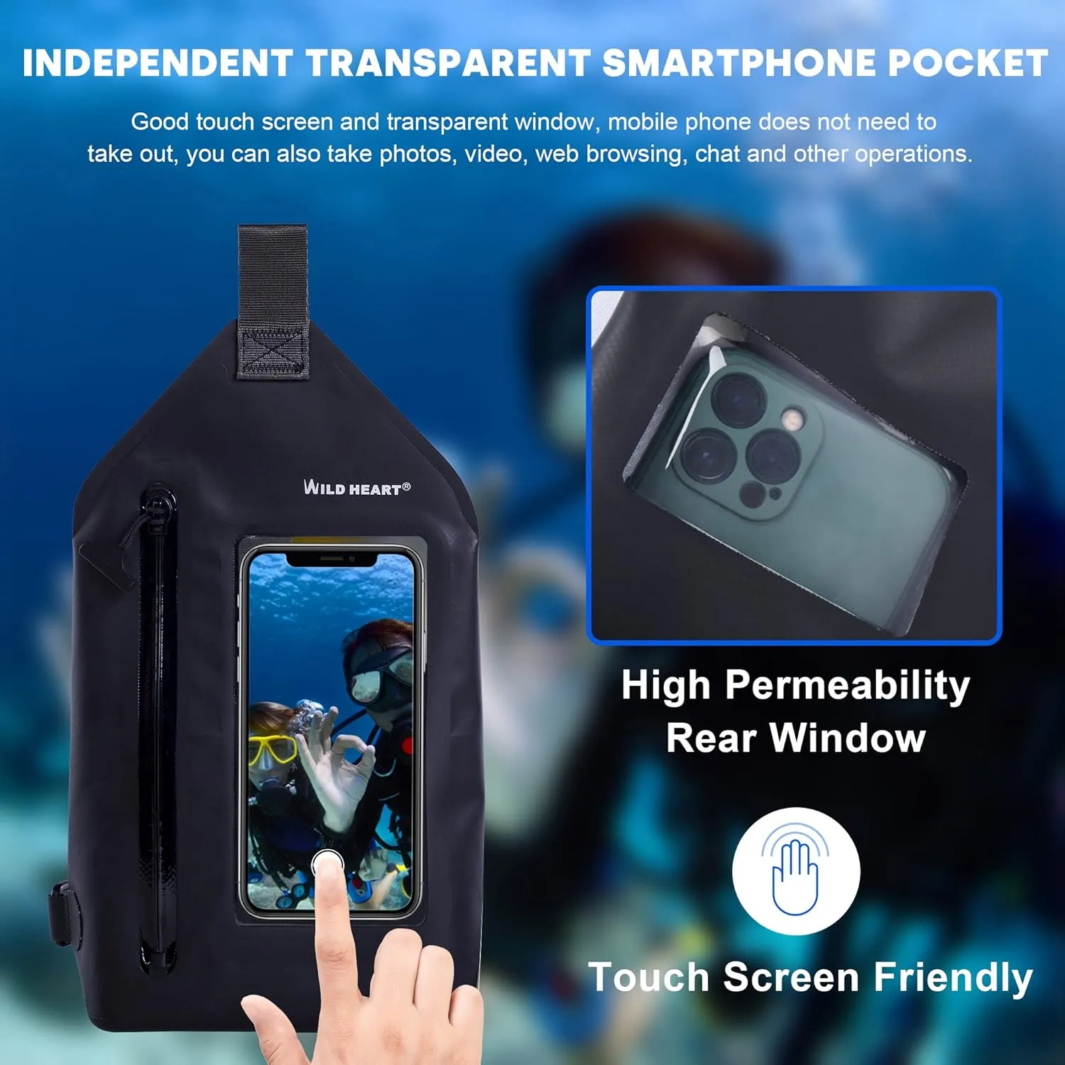 WILD HEART Waterproof Chest Sling Bag Pouch Fashion Diving Swimming Pool Beach Underwater Pouch Case Fully Waterproof Sea Fishing Diving Large Capacity Lightweight Bag