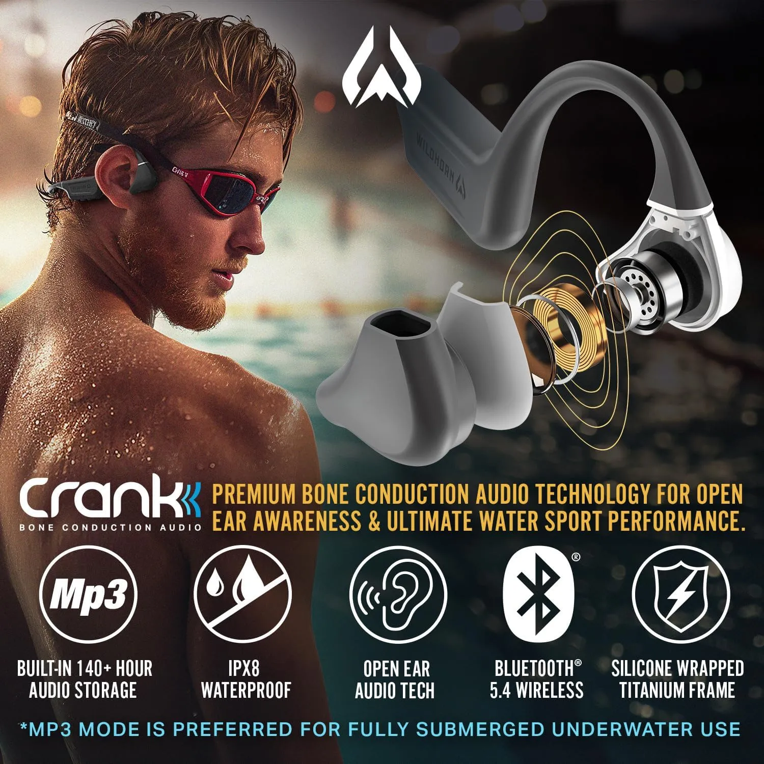 Wildhorn Crank Bone Conduction Swimming Headphones, Bluetooth 5.4, IPX8 Waterproof, Fast Magnetic Charge, MP3 2500 Songs Capacity, No Microphone
