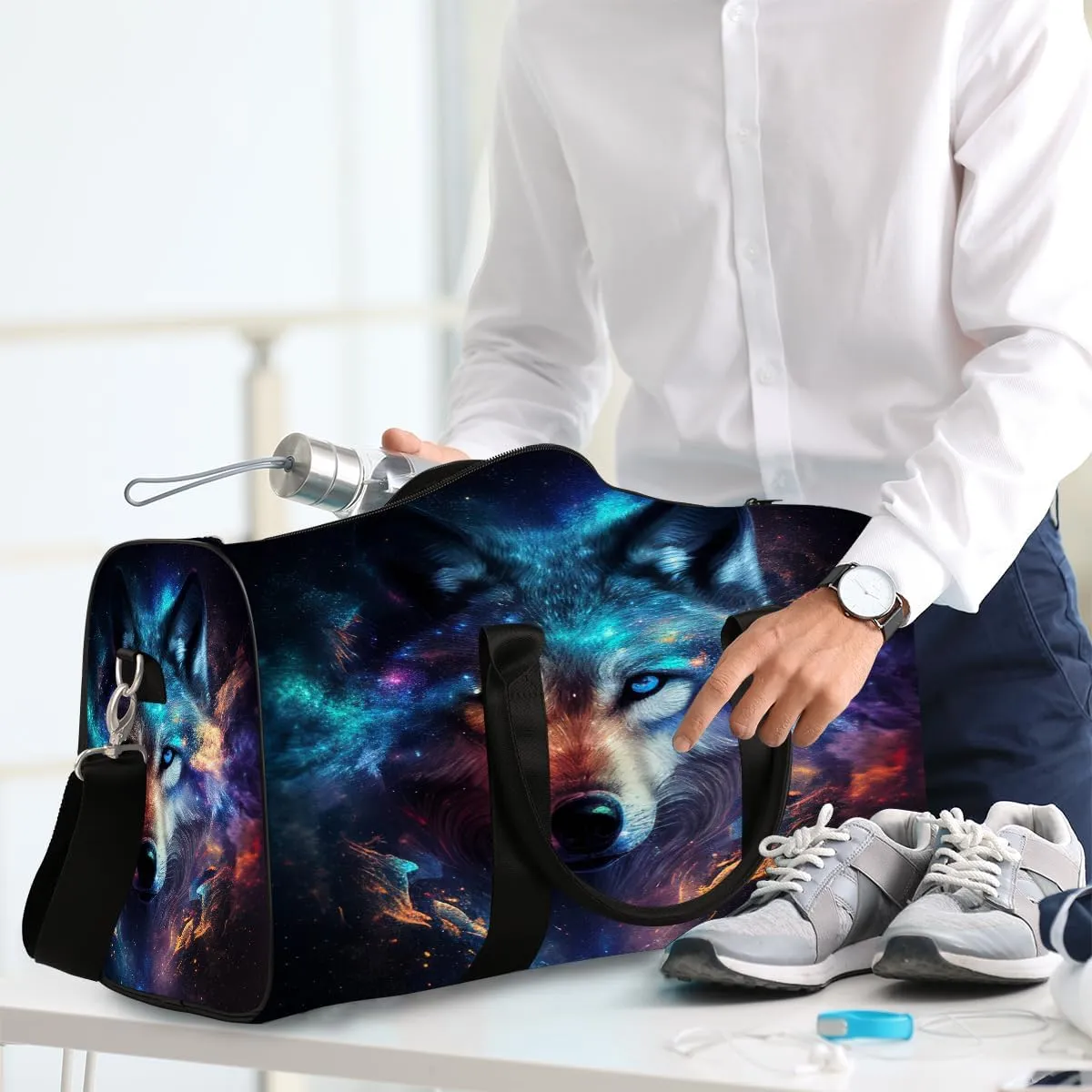 Wolf Galaxy Animal Travel Duffle Bag Sports Gym Bags for Women Men Weekender Overnight Bags Waterproof Carry On Tote Bag Workout Bag for Dance Swimming Yoga Hospital