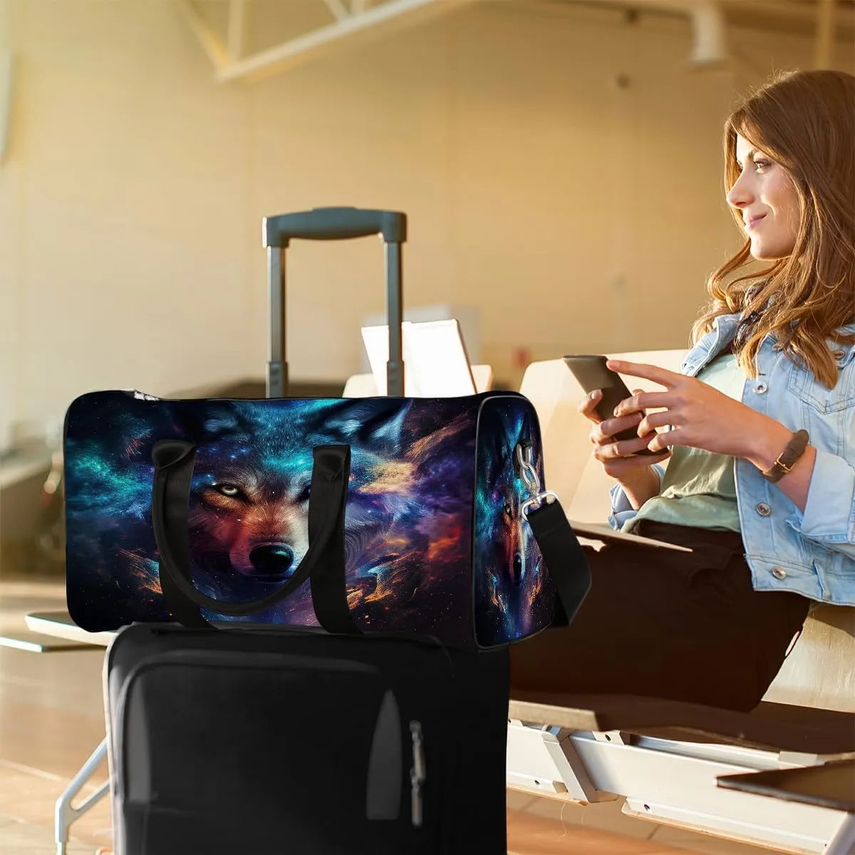 Wolf Galaxy Animal Travel Duffle Bag Sports Gym Bags for Women Men Weekender Overnight Bags Waterproof Carry On Tote Bag Workout Bag for Dance Swimming Yoga Hospital