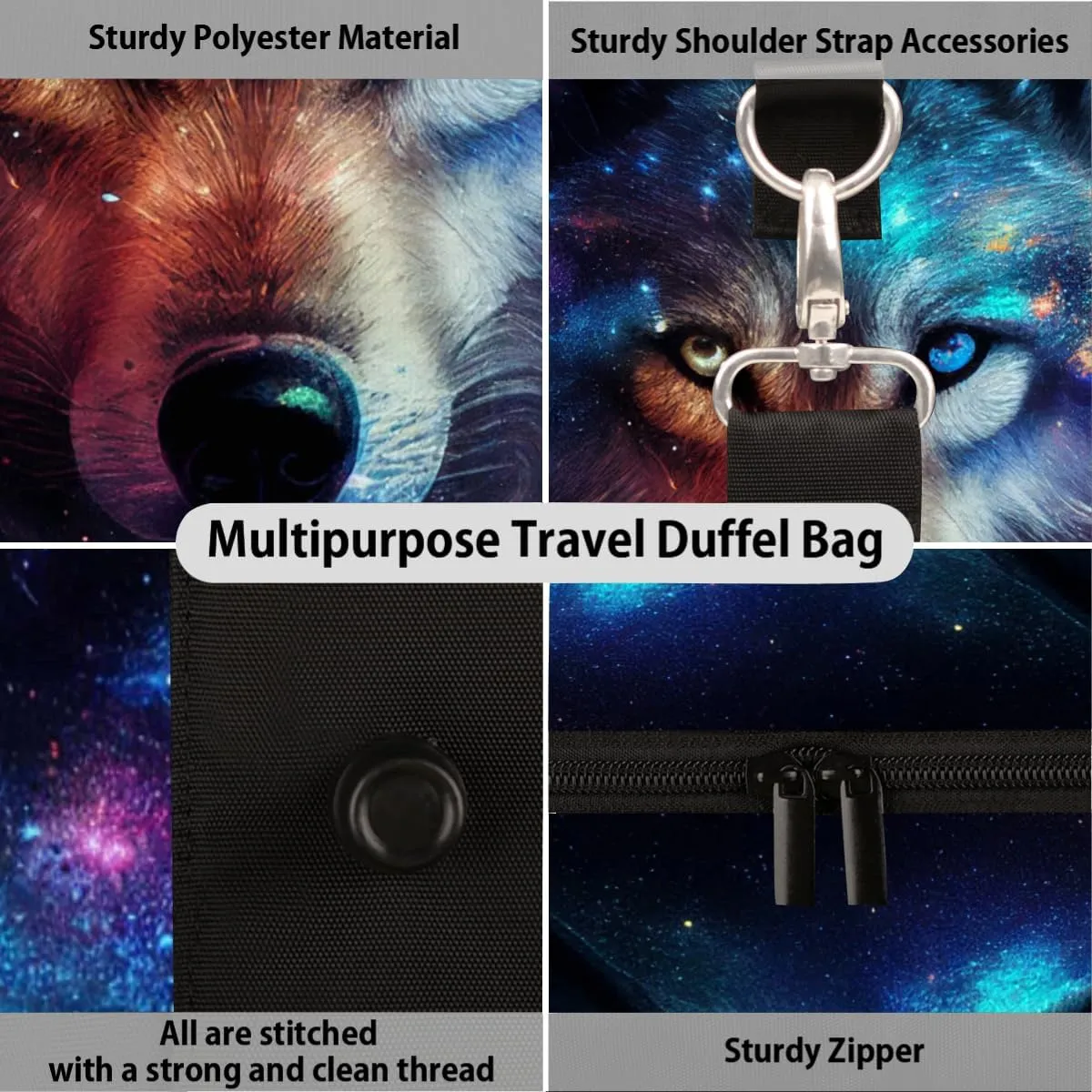 Wolf Galaxy Animal Travel Duffle Bag Sports Gym Bags for Women Men Weekender Overnight Bags Waterproof Carry On Tote Bag Workout Bag for Dance Swimming Yoga Hospital