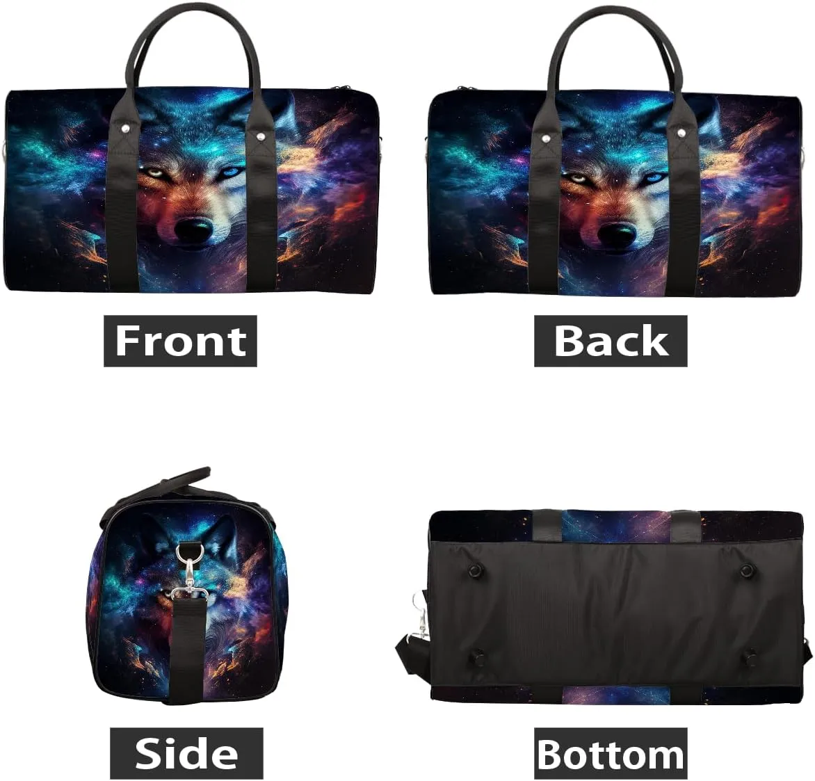 Wolf Galaxy Animal Travel Duffle Bag Sports Gym Bags for Women Men Weekender Overnight Bags Waterproof Carry On Tote Bag Workout Bag for Dance Swimming Yoga Hospital