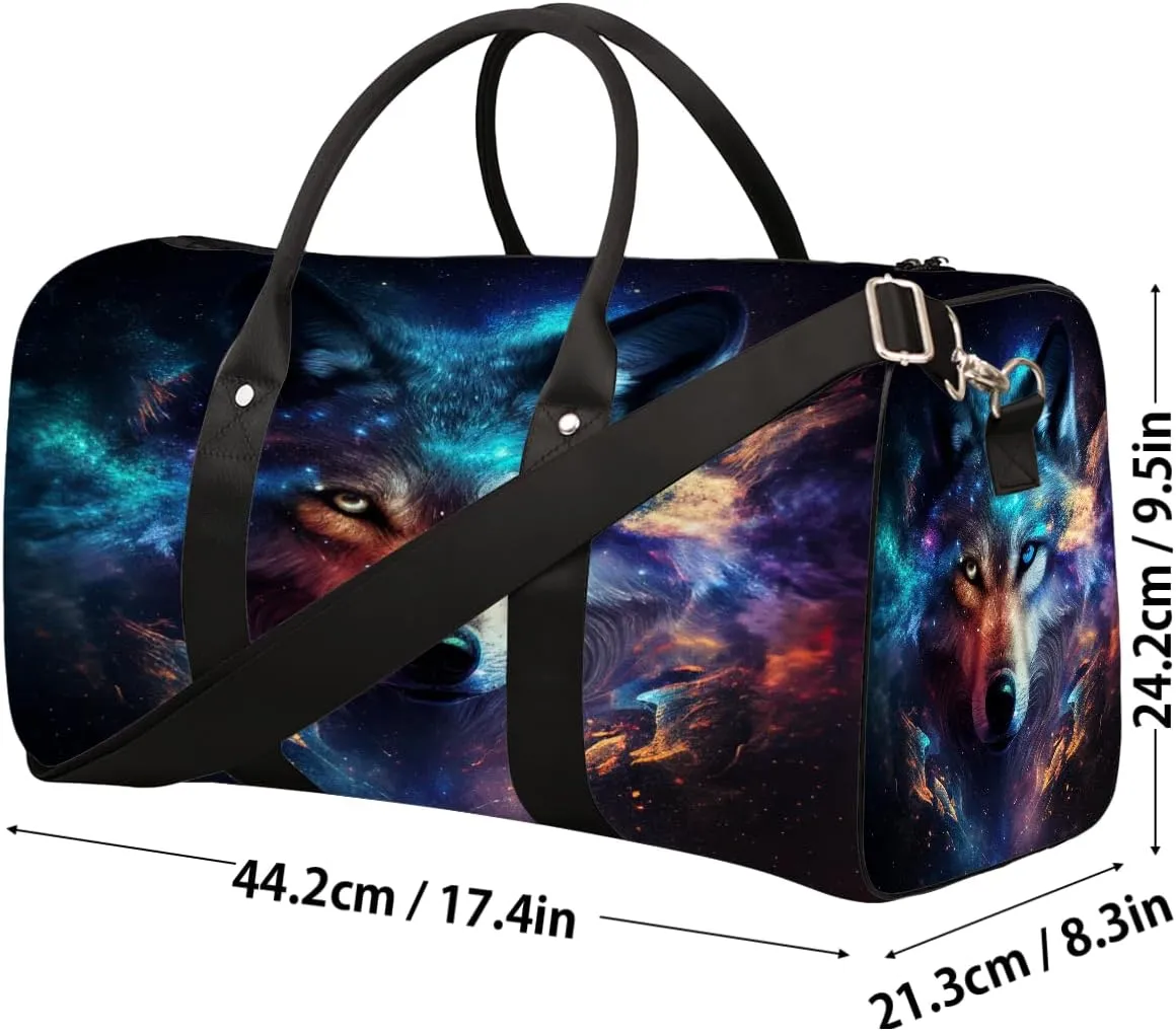 Wolf Galaxy Animal Travel Duffle Bag Sports Gym Bags for Women Men Weekender Overnight Bags Waterproof Carry On Tote Bag Workout Bag for Dance Swimming Yoga Hospital
