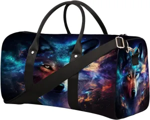 Wolf Galaxy Animal Travel Duffle Bag Sports Gym Bags for Women Men Weekender Overnight Bags Waterproof Carry On Tote Bag Workout Bag for Dance Swimming Yoga Hospital