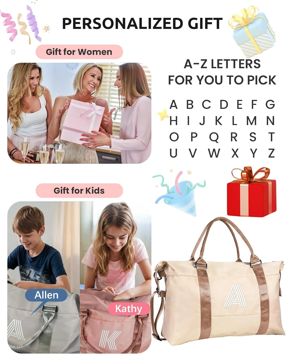 Women Birthday Gifts, Initial Travel Duffel Bag, Personalized Weekender Bag，Monogram Overnight Bag Gift for Grandmother,Birthday Gifts Personalized Gifts Bridesmaid Gifts (Letter N)