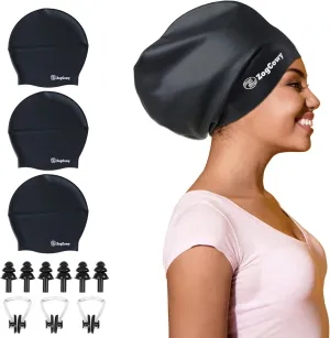 Women Extra Large Swim Cap for Braids and Dreadlocks, Silicone Keep Hair Dry Swimming Caps for Long Hair Extensions Weaves, Waterproof Bath Pool Shower Cap 1-3 Pack