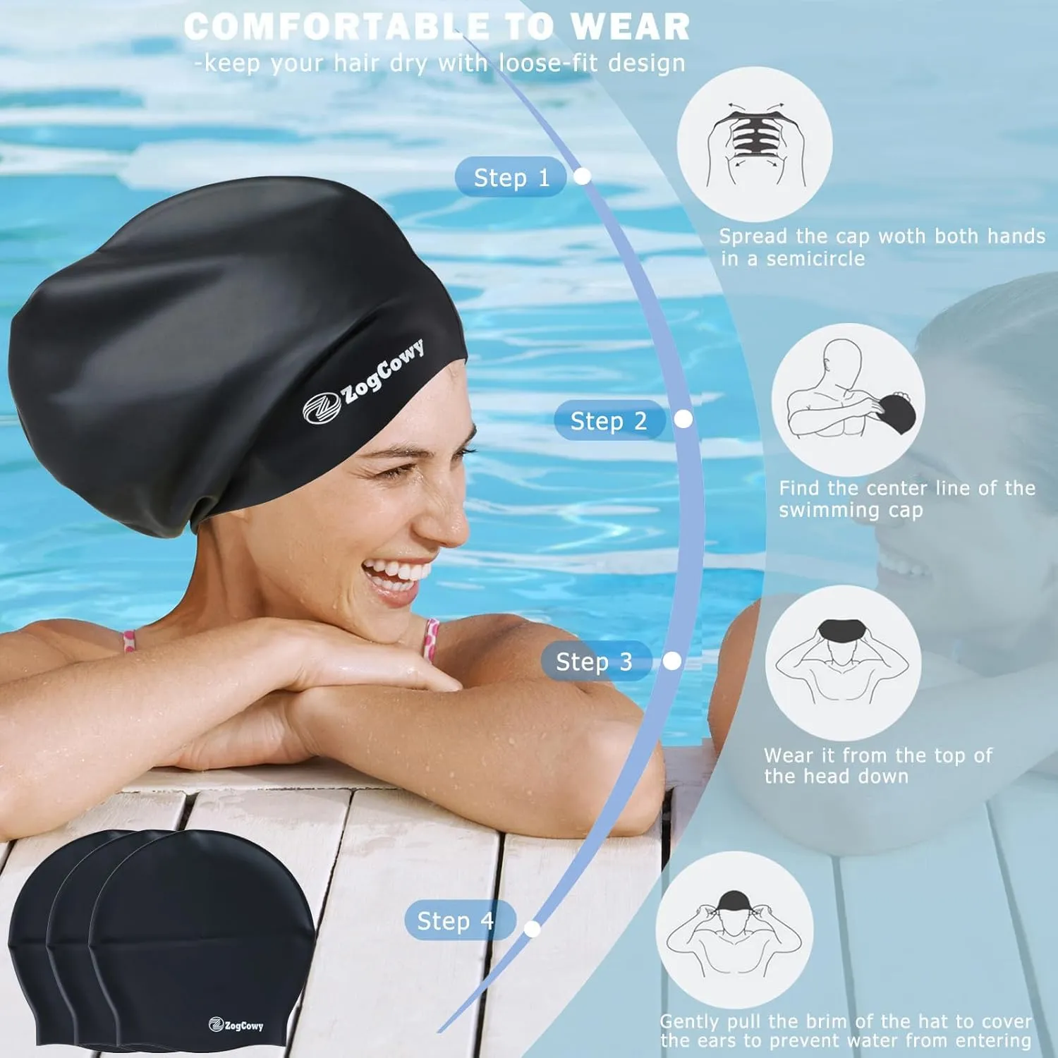 Women Extra Large Swim Cap for Braids and Dreadlocks, Silicone Keep Hair Dry Swimming Caps for Long Hair Extensions Weaves, Waterproof Bath Pool Shower Cap 1-3 Pack