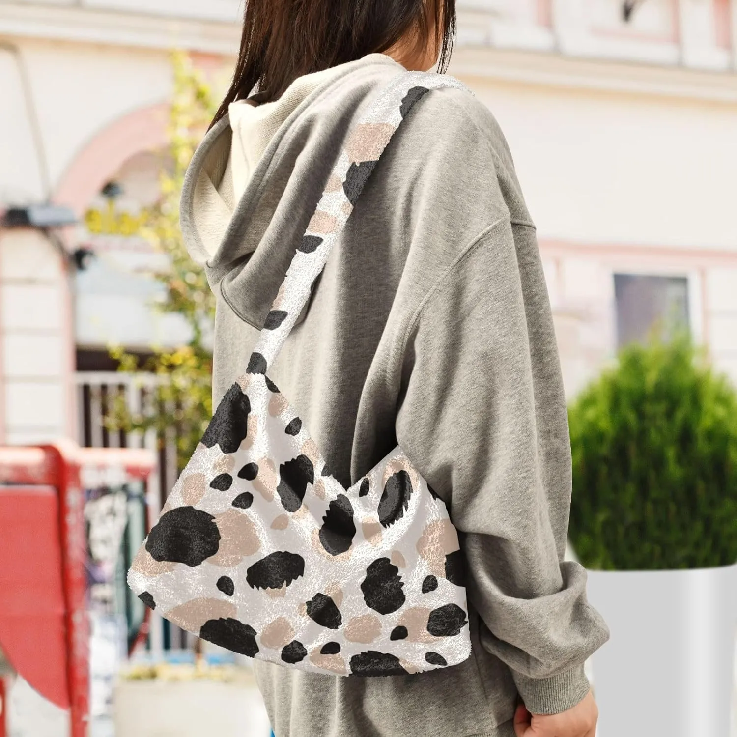Women Ladies Cute Pinstripe Plush Shoulder BagTote Handbag Purse Faux Fur Shopping Dating Bag Multicolor 1