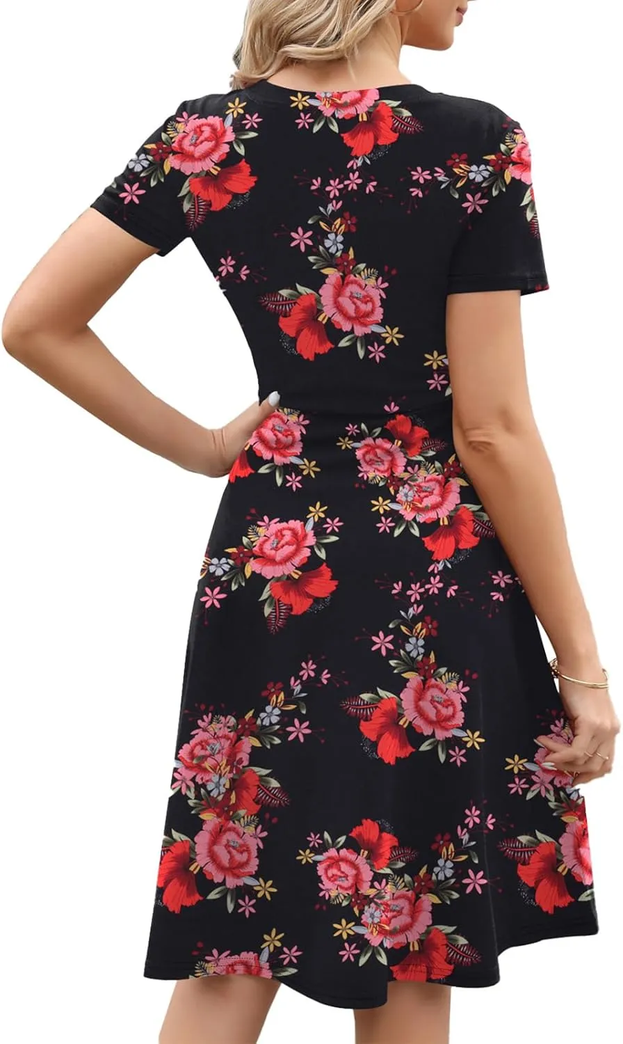 Women's 2025 Fit and Flare Dress Summer Casual Elegant Vintage Floral Printed Work Party A-line Dress with Pockets 162