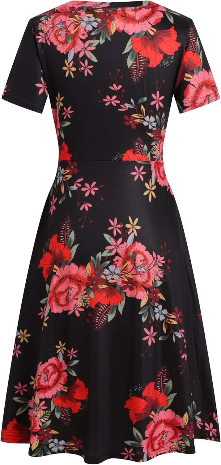 Women's 2025 Fit and Flare Dress Summer Casual Elegant Vintage Floral Printed Work Party A-line Dress with Pockets 162