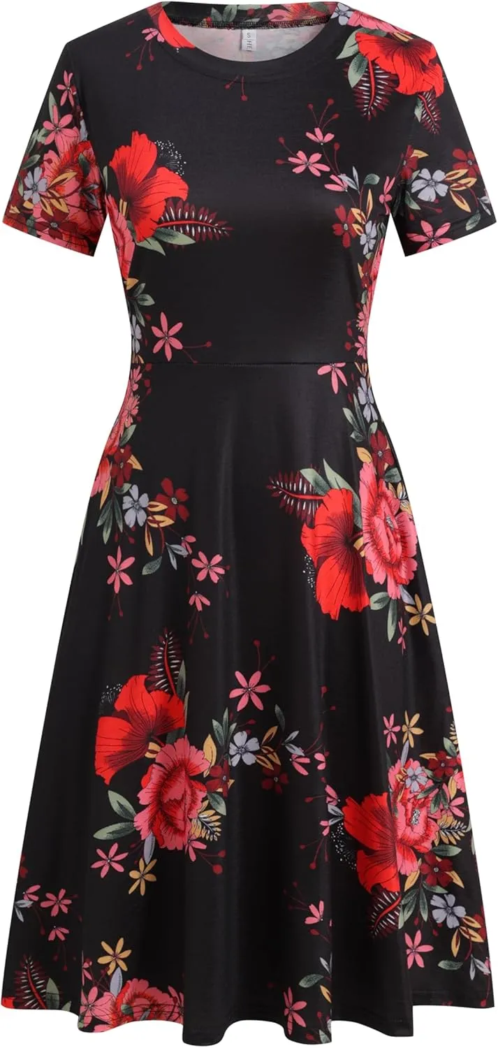 Women's 2025 Fit and Flare Dress Summer Casual Elegant Vintage Floral Printed Work Party A-line Dress with Pockets 162