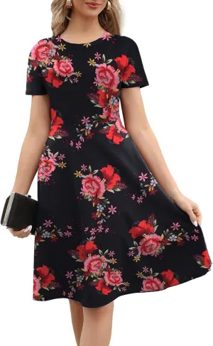 Women's 2025 Fit and Flare Dress Summer Casual Elegant Vintage Floral Printed Work Party A-line Dress with Pockets 162