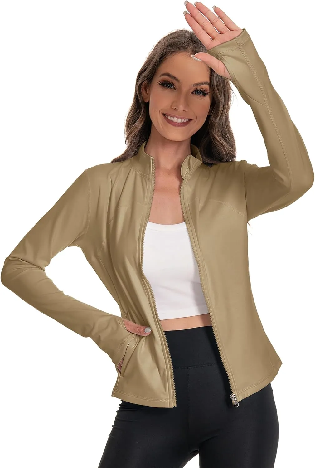 Women's Athletic Full Zip Lightweight Workout Jacket，Outdoor Slim Fit Yoga Jackets with Pockets Thumb Holes