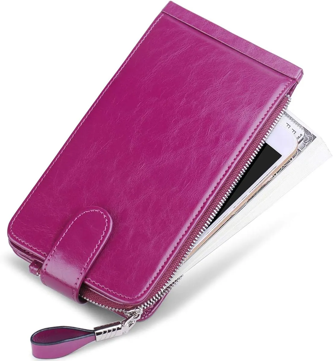 Women's Genuine Leather Credit Card Holder RFID Long Zipper Purse Wallet