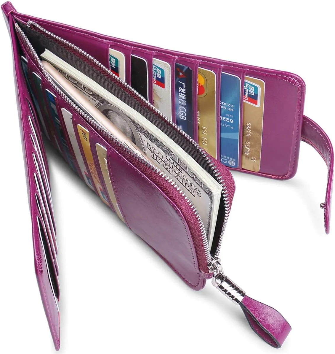 Women's Genuine Leather Credit Card Holder RFID Long Zipper Purse Wallet