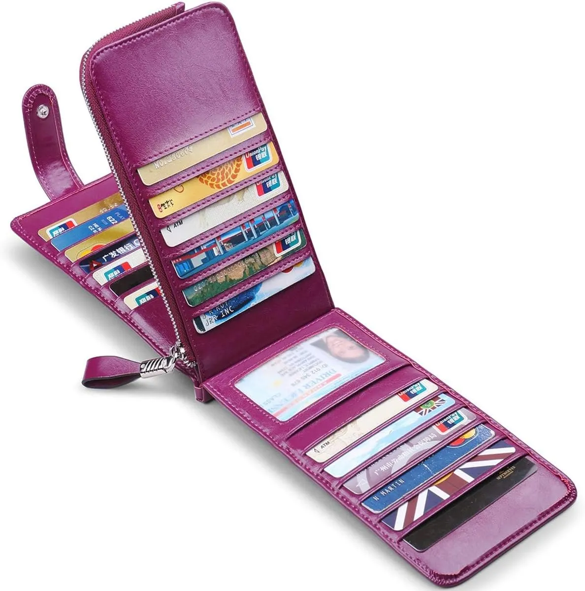 Women's Genuine Leather Credit Card Holder RFID Long Zipper Purse Wallet