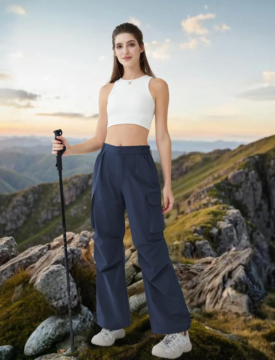 Women’s Hiking Pants Wide Leg Cargo Pants Quick Dry Lightweight Water-Resistant Travel Casual Trousers with 4 Pockets