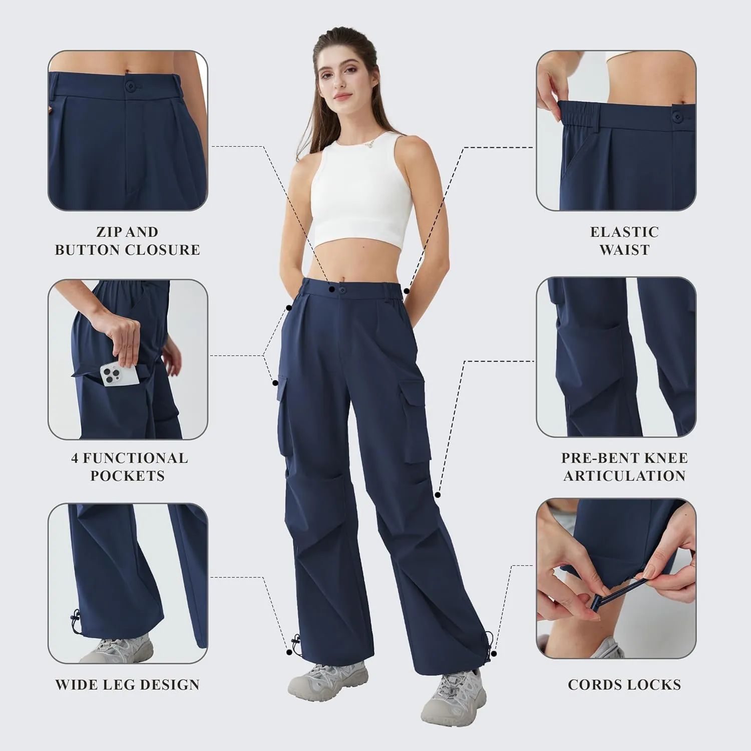 Women’s Hiking Pants Wide Leg Cargo Pants Quick Dry Lightweight Water-Resistant Travel Casual Trousers with 4 Pockets