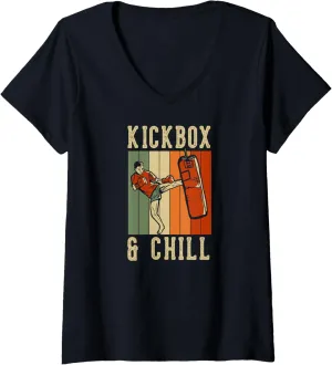 Womens Kickbox And Chill Funny Retro Vintage Style Kickboxing V-Neck T-Shirt