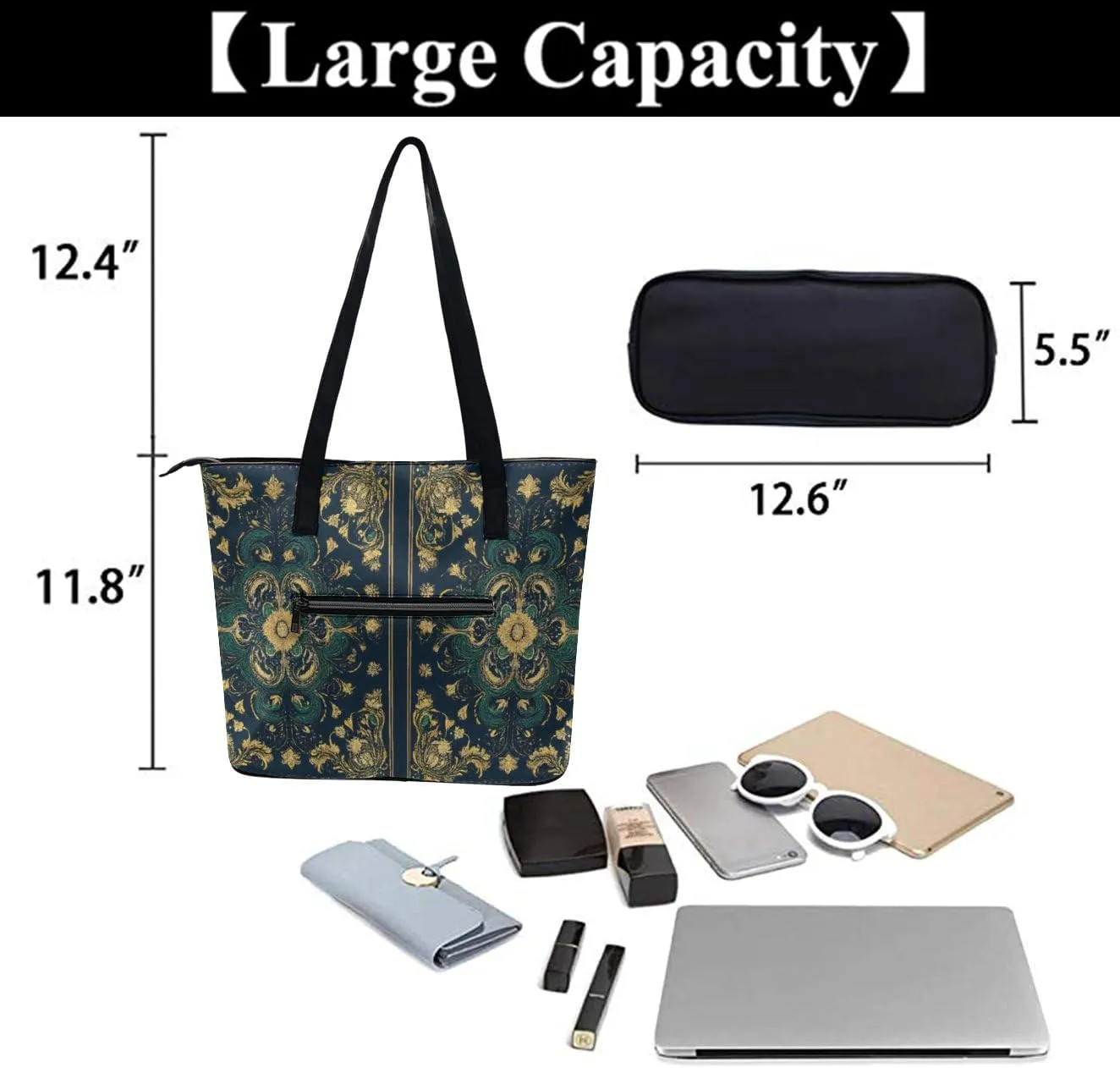 Women's Large Capacity Handbag, Lightweight Compartment and Open Pocket Tote Bag with Zipper for Work