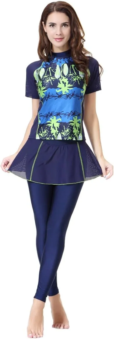 Women's Short Sleeve Flower Muslim Islamic Burkini Modest Swimwear Lady Swimsuit