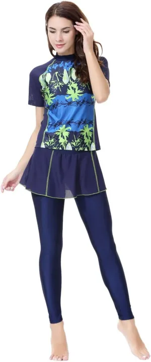 Women's Short Sleeve Flower Muslim Islamic Burkini Modest Swimwear Lady Swimsuit