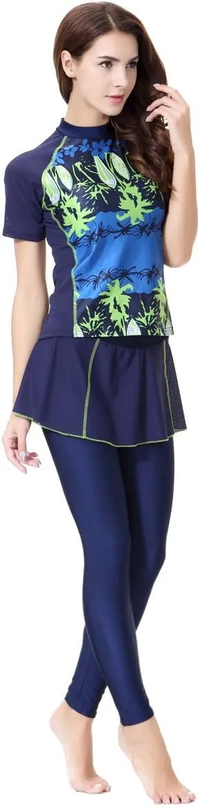 Women's Short Sleeve Flower Muslim Islamic Burkini Modest Swimwear Lady Swimsuit