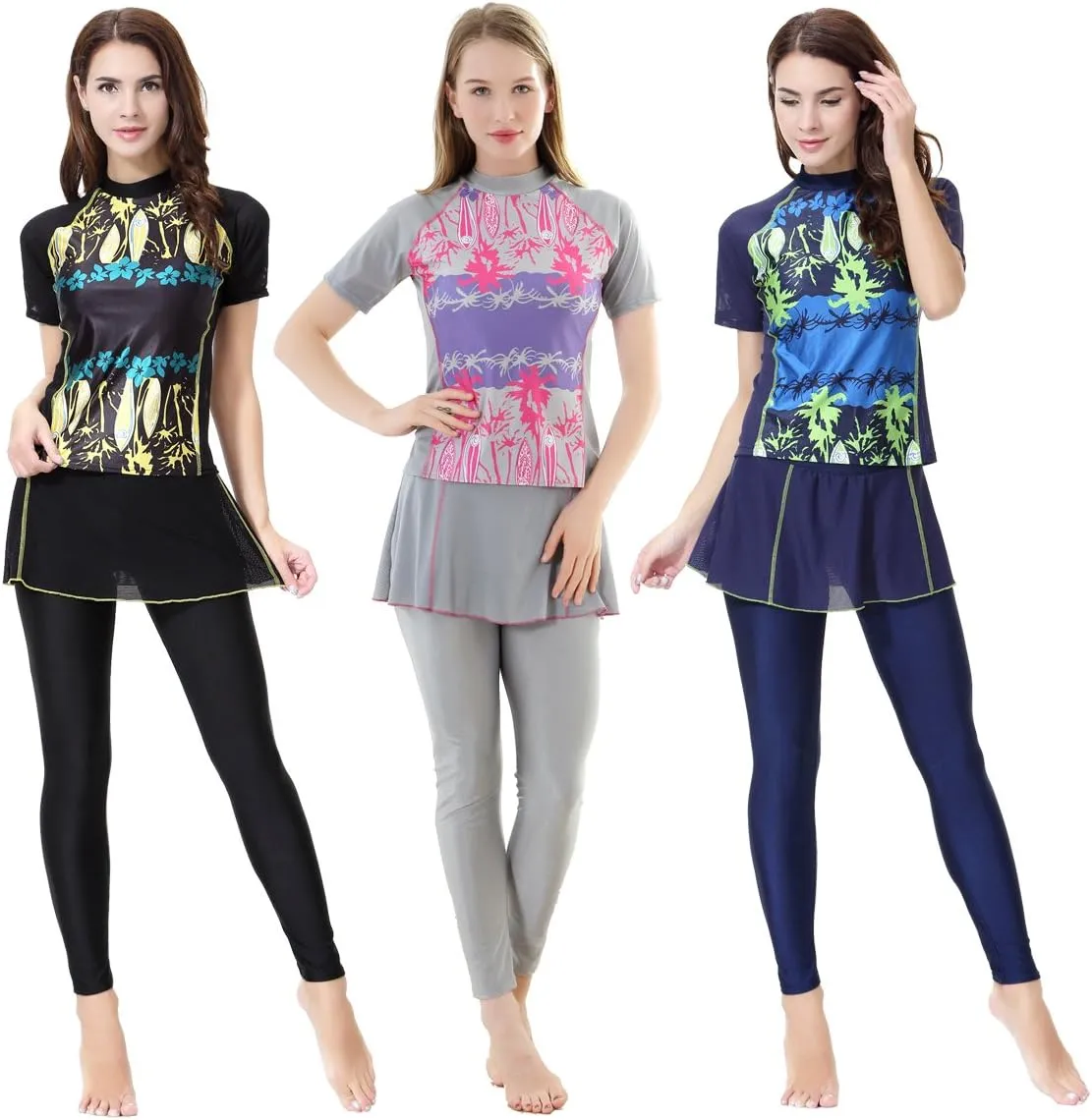 Women's Short Sleeve Flower Muslim Islamic Burkini Modest Swimwear Lady Swimsuit