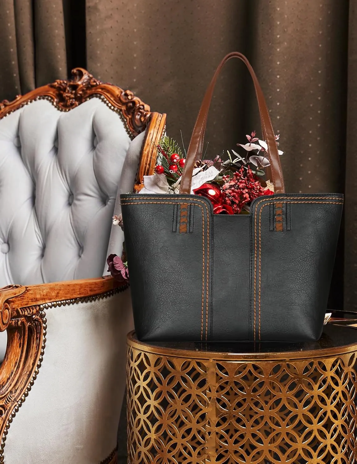 Women's Vegan Leather Tote Purses with Zipper Casual Shoulder Bags Large Capacity Handbags
