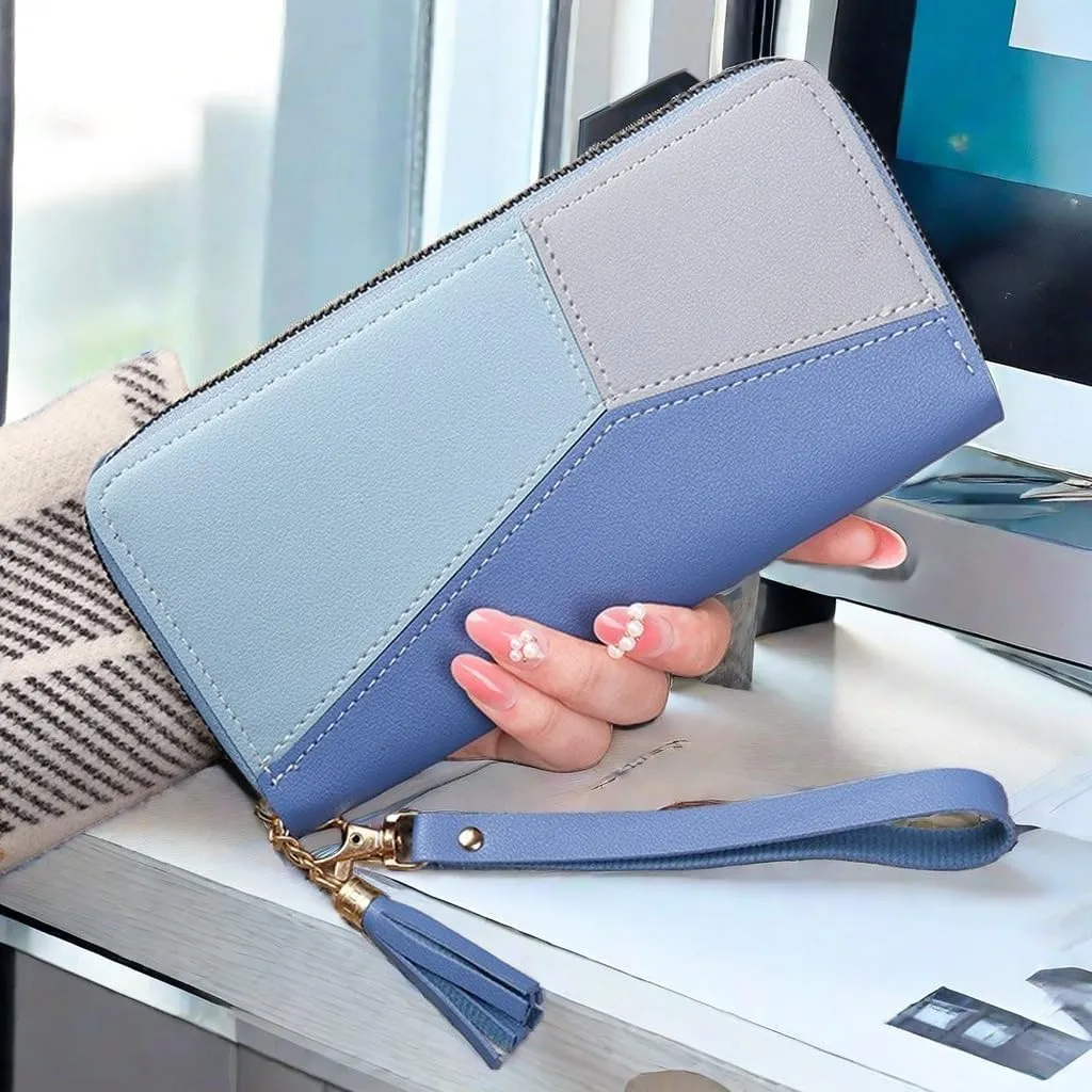 Womens Wallet Leather Zip Around Wallet Large Capacity Long Purse Credit Card Clutch Wristlet (blue)