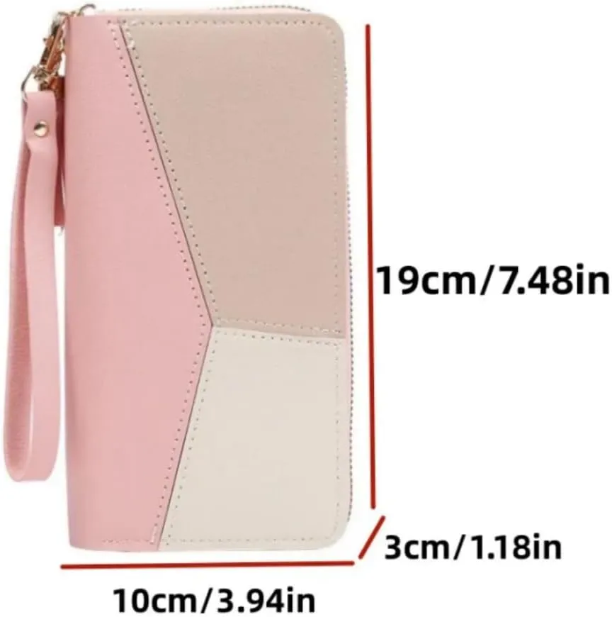 Womens Wallet Leather Zip Around Wallet Large Capacity Long Purse Credit Card Clutch Wristlet (pink)