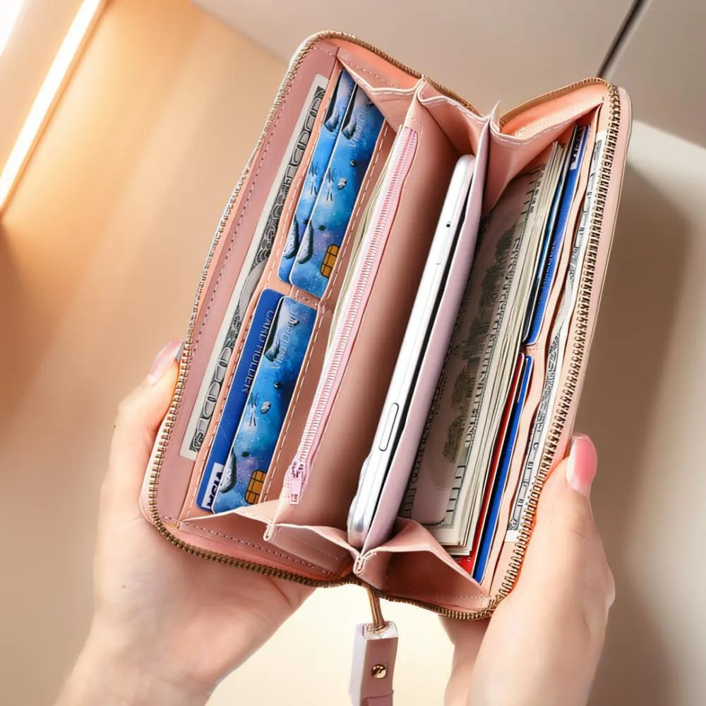 Womens Wallet Leather Zip Around Wallet Large Capacity Long Purse Credit Card Clutch Wristlet (pink)