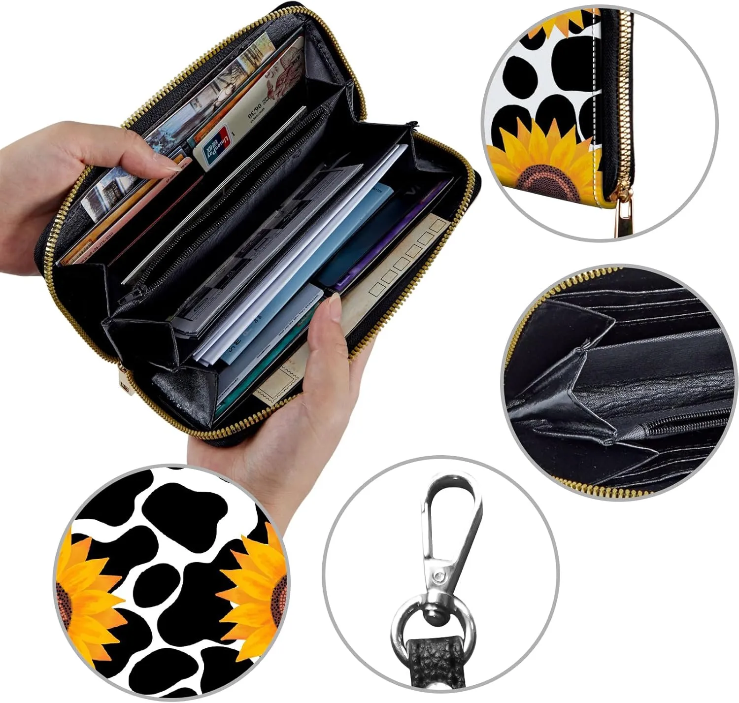 Women's Wallets,Credit Card Holder Money Leather Long Wallet with Wristlet,Large Capacity with Zip-Around Phone Purse for Women Ladies Girls,Cow Print Sunflowers