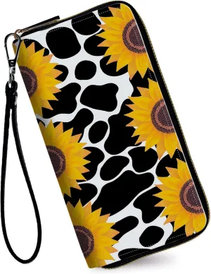 Women's Wallets,Credit Card Holder Money Leather Long Wallet with Wristlet,Large Capacity with Zip-Around Phone Purse for Women Ladies Girls,Cow Print Sunflowers
