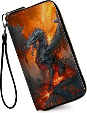Women's Wallets,Credit Card Holder Money Leather Long Wallet with Wristlet,Large Capacity with Zip-Around Phone Purse for Women Ladies Girls,Firedragon